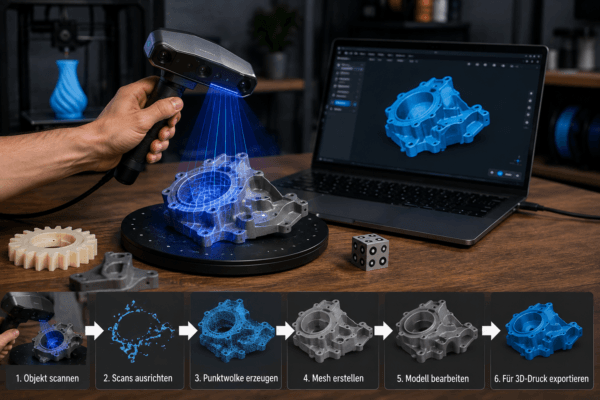 3D Scanner erfasst ein Bauteil und zeigt den Ablauf vom Scan über Punktwolke und Mesh bis zum 3D-Druck