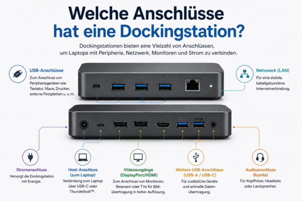 Anschlüsse einer Dockingstation mit USB-C, USB-A, HDMI, DisplayPort, Ethernet, Strom und Audio