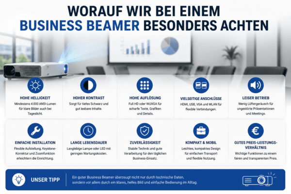 Wichtige Kaufkriterien für einen Business Beamer wie Helligkeit, Auflösung, Anschlüsse und Lautstärke