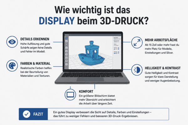 Display eines Laptops für 3D Druck mit wichtigen Kriterien wie Auflösung, Größe, Helligkeit und Kontrast