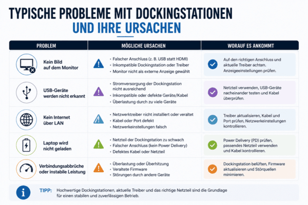 Typische Probleme mit Dockingstationen wie fehlendes Monitorbild, nicht erkannte USB-Geräte, LAN-Ausfälle, Ladeprobleme und Verbindungsabbrüche