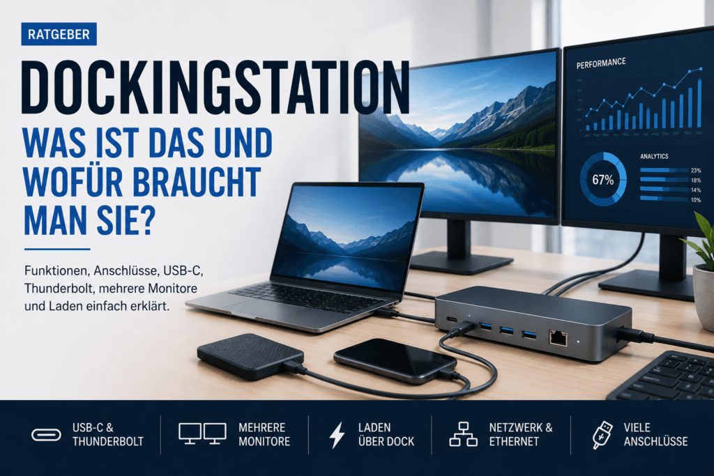 Dockingstation verbindet einen Laptop mit mehreren Monitoren, USB-Geräten, Ethernet und Stromversorgung
