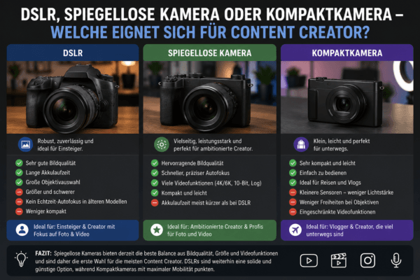 Vergleich zwischen DSLR, spiegelloser Kamera und Kompaktkamera für Content Creator