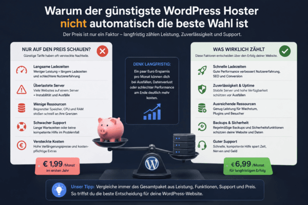 Vergleich günstiger WordPress Hoster nach Preis, Leistung, Ladezeit, Sicherheit, Ressourcen und Support
