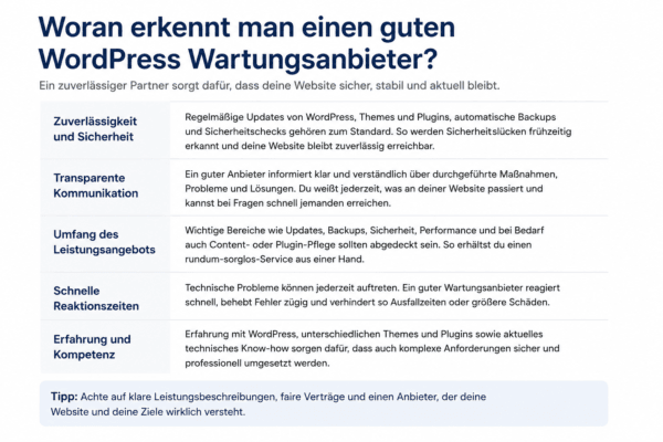 Kriterien für einen guten WordPress Wartungsanbieter wie Sicherheit, transparente Kommunikation und schnelle Reaktionszeiten
