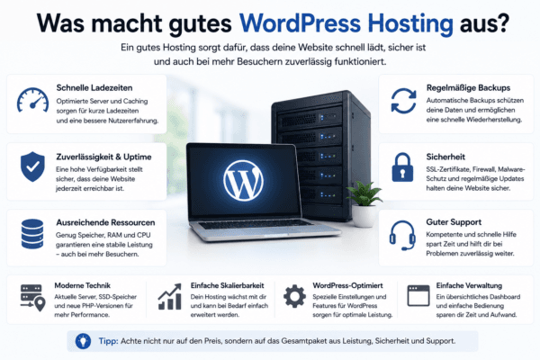 Merkmale von gutem WordPress Hosting wie schnelle Ladezeiten, hohe Verfügbarkeit, Backups, Sicherheit und Support