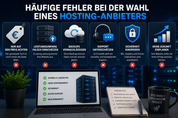 Infografik mit den häufigsten Fehlern bei der Wahl eines Hosting-Anbieters, darunter Preis, Leistung, Sicherheit, Backups und Support.