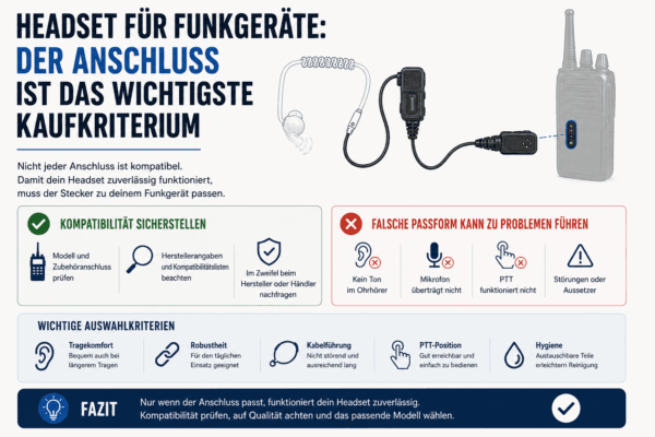 Infografik zur Kompatibilität von Funkgeräte-Headsets mit passendem Anschluss, PTT-Funktion und wichtigen Auswahlkriterien