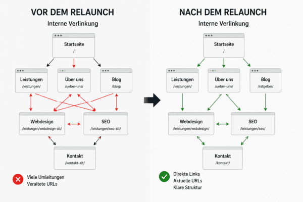 Vergleich der internen Verlinkung vor und nach einem Website Relaunch mit aktualisierten URLs und direkten Links