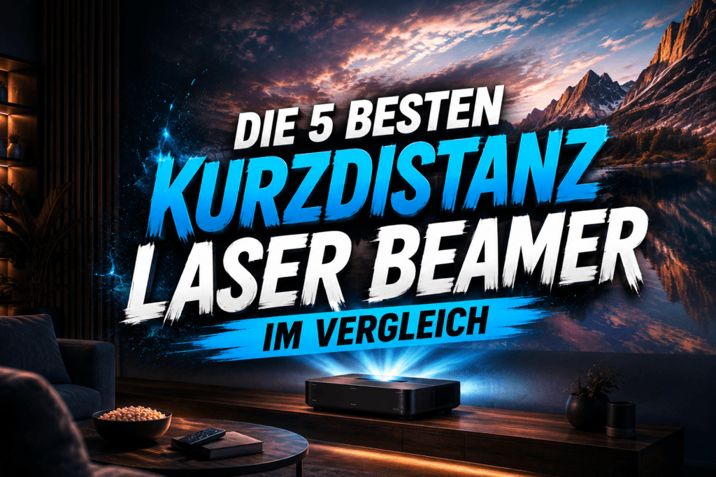 Moderner Kurzdistanz Laser Beamer projiziert ein großes 4K-Bild im Wohnzimmer – Vergleich der besten Modelle.