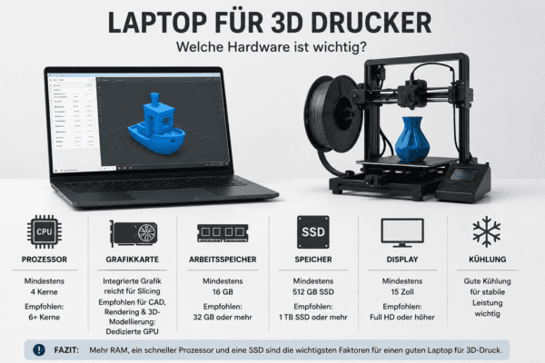 Hardware für einen Laptop für 3D Druck mit Prozessor, Grafikkarte, RAM, SSD, Display und Kühlung