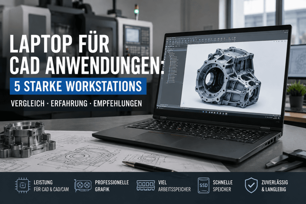 Laptop für CAD Anwendungen mit geöffnetem 3D-CAD-Modell in einer professionellen CNC- und Konstruktionsumgebung