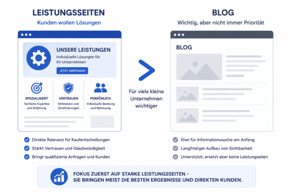 Vergleich von Leistungsseiten und Blog für kleine Unternehmen mit Fokus auf SEO, Vertrauen und Kundenanfragen