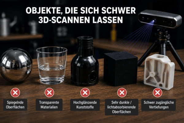 Schwer zu scannende Objekte mit spiegelnden, transparenten, glänzenden und sehr dunklen Oberflächen sowie tiefen Vertiefungen