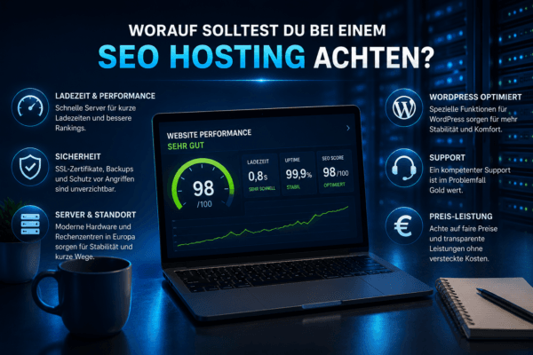 Übersicht der wichtigsten Kriterien für SEO Hosting wie Ladezeit, Sicherheit, Serverstandort, WordPress-Optimierung und Support.