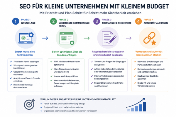 SEO für kleine Unternehmen mit kleinem Budget in vier Phasen von technischer Grundlage bis Autoritätsaufbau