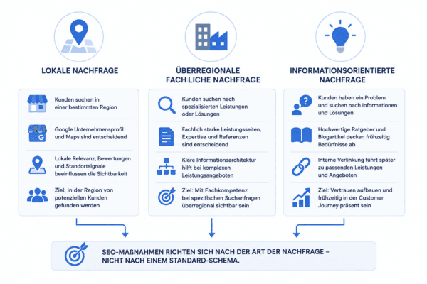 SEO für Kleinunternehmer mit lokaler, überregionaler und informationsorientierter Nachfrage im Vergleich