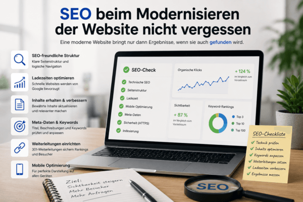 SEO beim Modernisieren einer Website mit Seitenstruktur, Ladezeiten, Inhalten und Weiterleitungen berücksichtigen