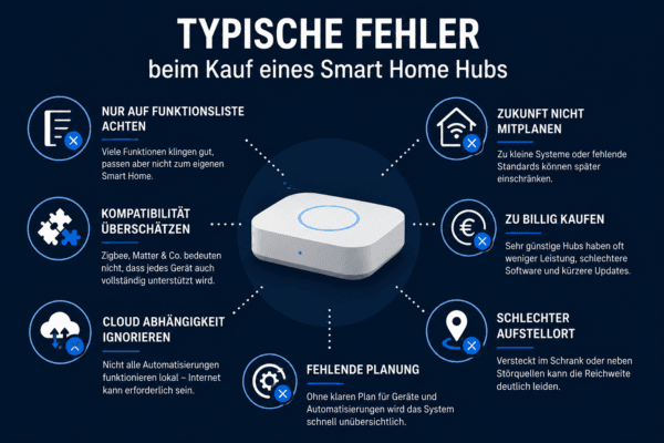 Typische Fehler beim Kauf eines Smart Home Hubs bei Kompatibilität, Cloud-Abhängigkeit, Planung, Preis und Aufstellort