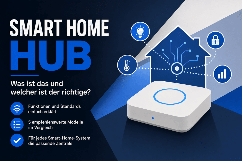 Smart Home Hub als zentrale Verbindung für Beleuchtung, Sensoren, Sicherheit und weitere Smart-Home-Geräte