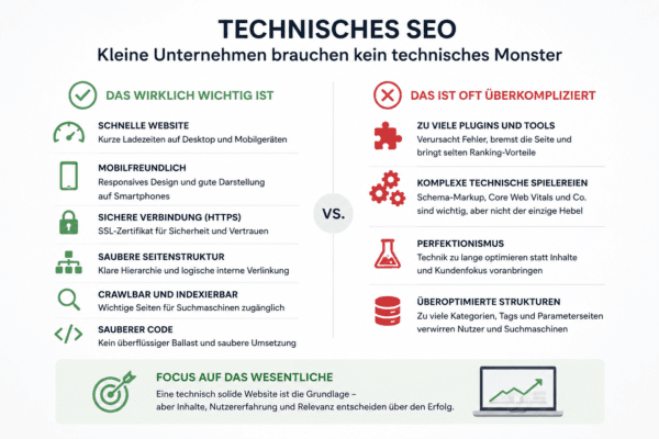 Technisches SEO für kleine Unternehmen mit wichtigen Grundlagen wie Ladezeit, Mobilfreundlichkeit, HTTPS und Indexierbarkeit