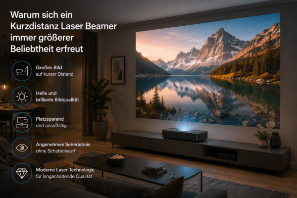 Moderner Kurzdistanz Laser Beamer projiziert ein großes 4K-Bild im Wohnzimmer als platzsparender Fernseher-Ersatz