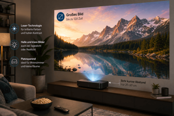 Kurzdistanz Laser Beamer projiziert ein großes 4K-Bild aus geringem Abstand im modernen Wohnzimmer.