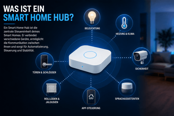 Smart Home Hub als zentrale Steuereinheit für Beleuchtung, Heizung, Sicherheit, Türschlösser, Rollläden und Sprachassistenten