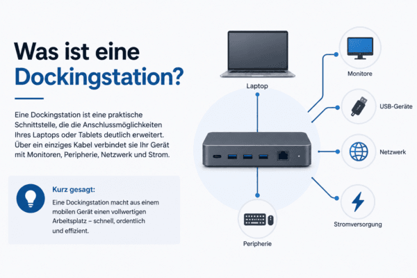 Dockingstation als zentrale Verbindung zwischen Laptop, Monitoren, USB-Geräten, Netzwerk und Stromversorgung