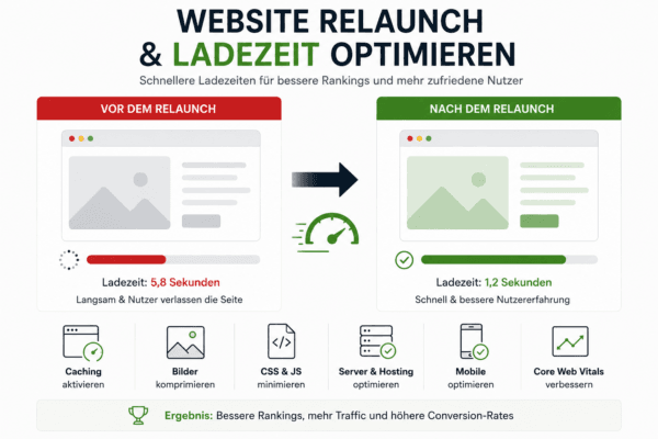 Infografik zur Ladezeit vor und nach einem Website Relaunch mit Maßnahmen zur Performance-Optimierung