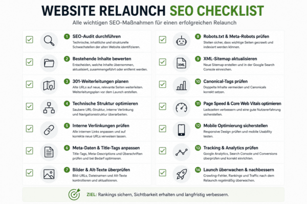 Website Relaunch SEO Checklist mit wichtigen Maßnahmen zu Weiterleitungen, internen Links, Indexierung, Sitemap und Core Web Vitals