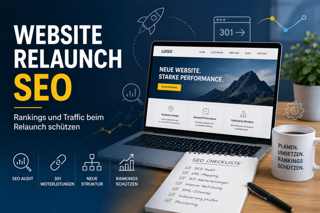 Website Relaunch SEO mit Laptop, SEO-Checkliste, 301-Weiterleitungen und Darstellung steigender Rankings