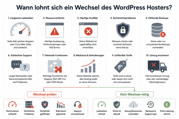 Gründe für einen Wechsel des WordPress Hosters wie langsame Ladezeiten, Ressourcenlimits, Ausfälle, Sicherheitsprobleme und fehlende Backups