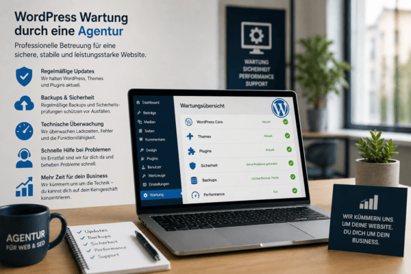 WordPress Wartung durch eine Agentur mit Updates, Backups, Sicherheitsprüfung und technischer Betreuung