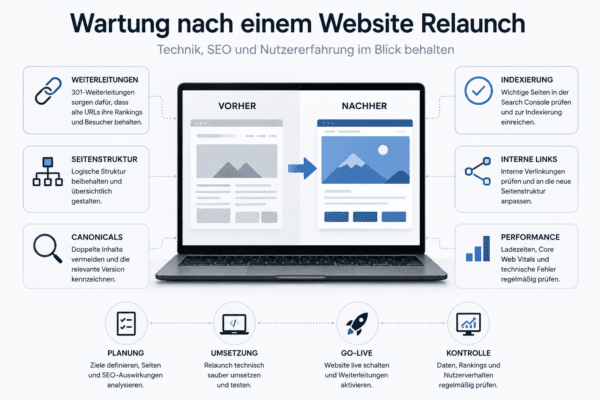 Wartung nach einem Website Relaunch mit Weiterleitungen, Indexierung, internen Links und Performance