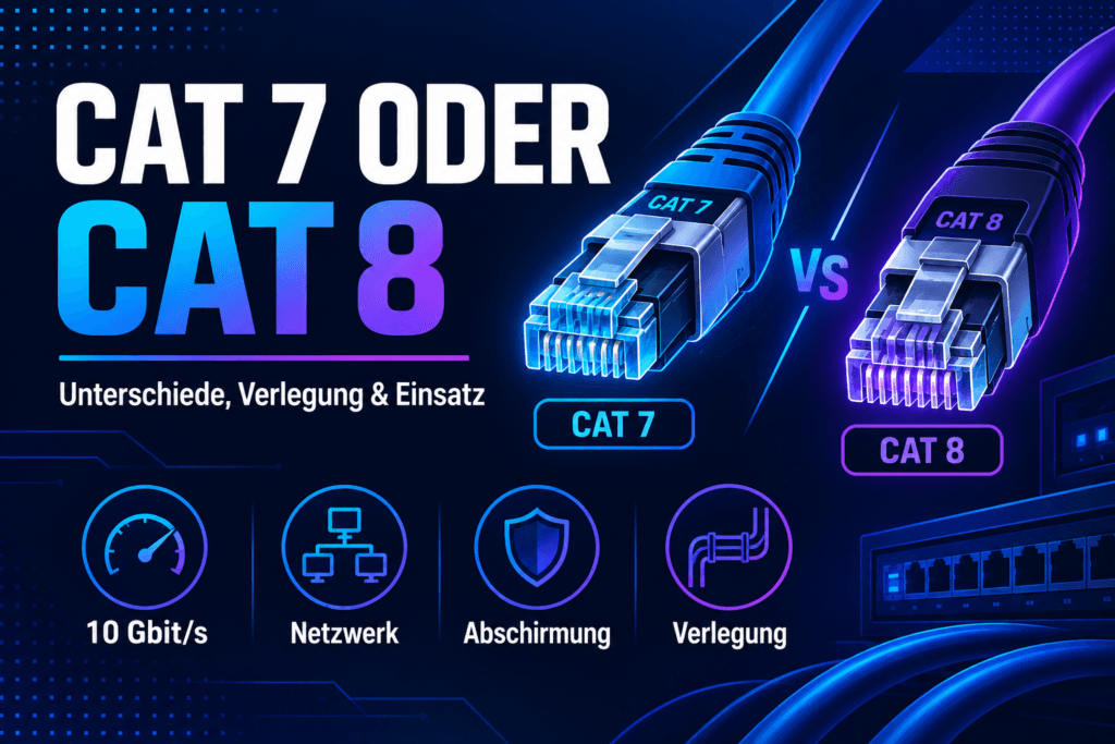Illustration zum Vergleich von Cat 7 und Cat 8 Netzwerkkabeln mit Fokus auf Geschwindigkeit, Abschirmung und Verlegung