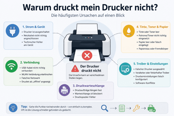 Infografik zu typischen Ursachen, warum ein Drucker nicht druckt, mit Hinweisen zu Verbindung, Papier, Tinte und Druckerstatus.