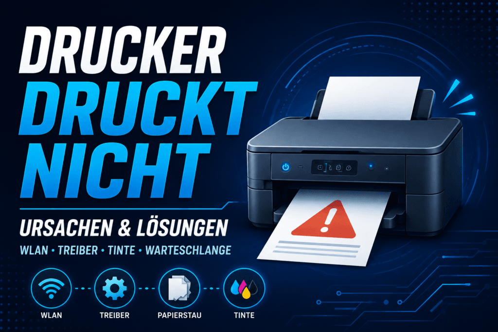Illustration zu Druckerproblemen mit Hinweisen auf WLAN, Treiber, Papierstau, Tinte und Druckwarteschlange