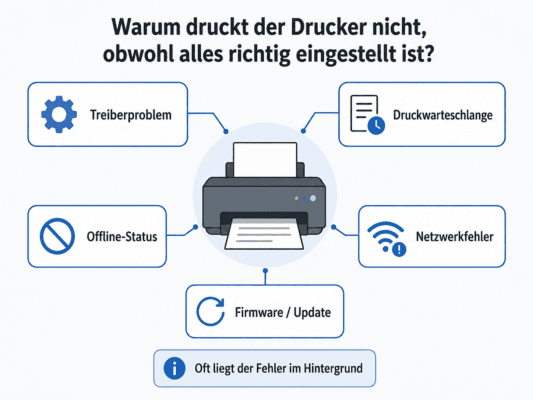 Infografik zu möglichen Ursachen, wenn der Drucker trotz korrekter Einstellungen nicht druckt, darunter Treiberproblem, Druckwarteschlange, Offline-Status, Netzwerkfehler und Firmware-Update
