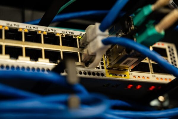 Netzwerk-Switch mit angeschlossenen Kabeln als zentrale Komponente eines Netzwerks