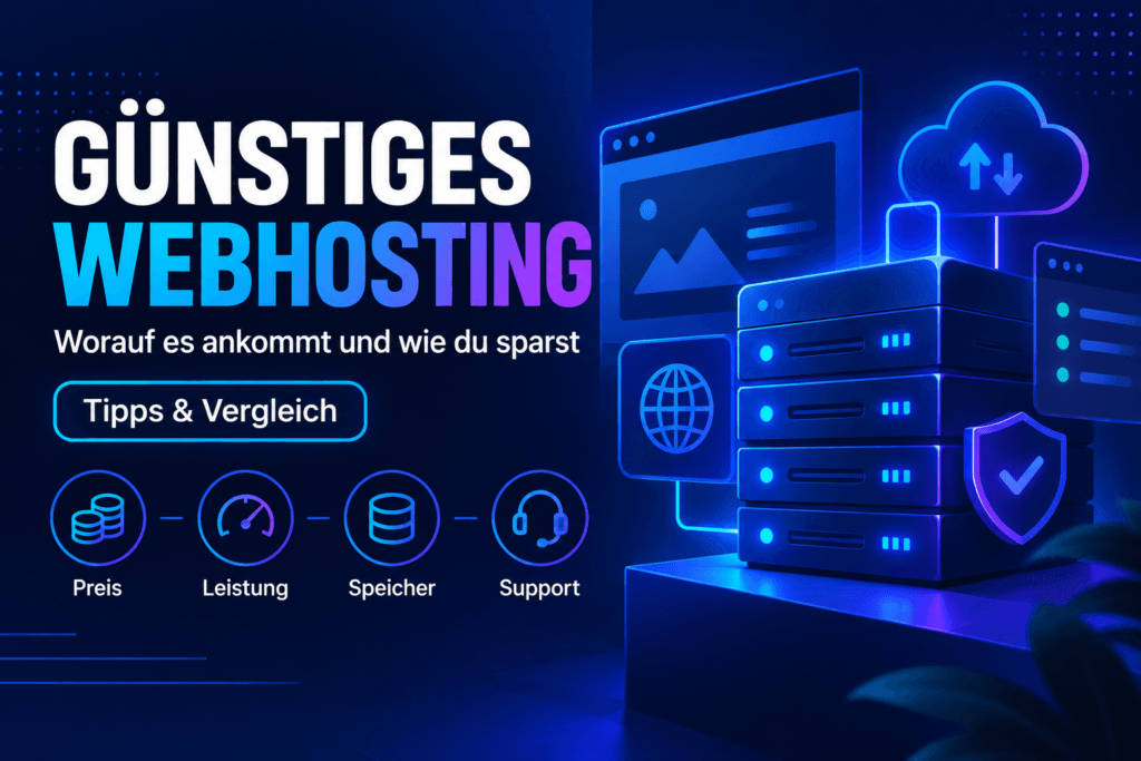 Illustration zu günstigem Webhosting mit Servern, Cloud, Website sowie Symbolen für Preis, Leistung, Speicher und Support