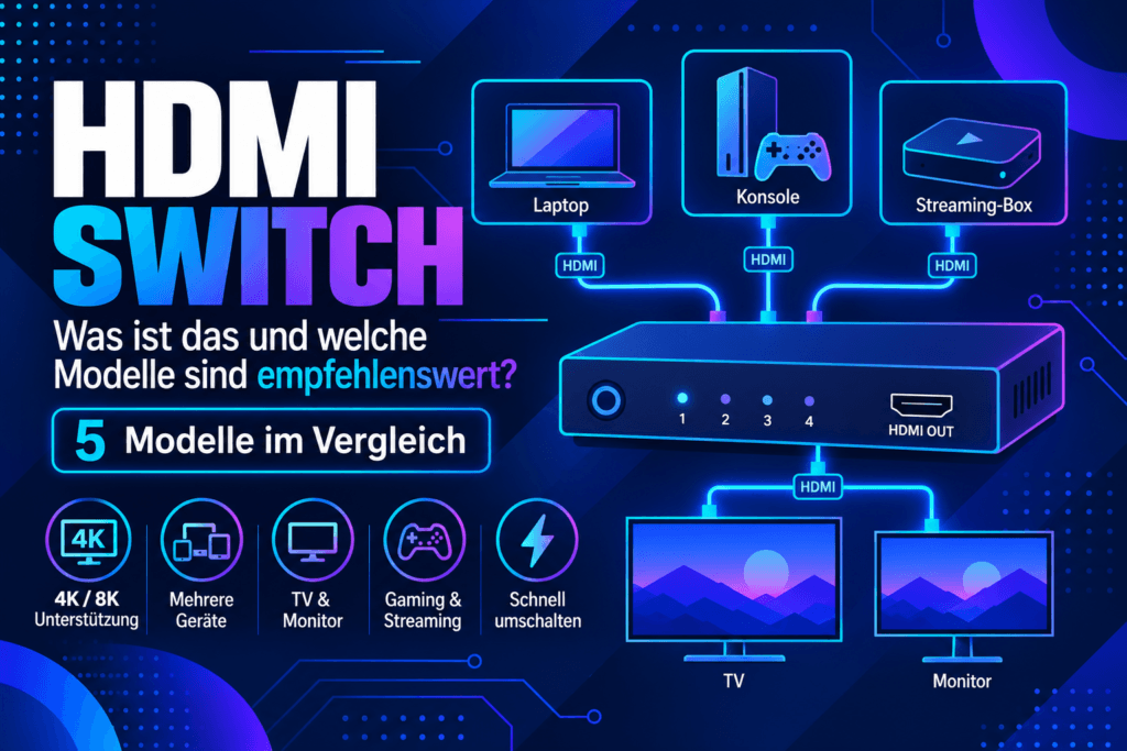 Illustration eines HDMI Switches mit mehreren HDMI-Quellen wie Laptop, Konsole und Streaming-Box sowie Ausgabe an TV und Monitor