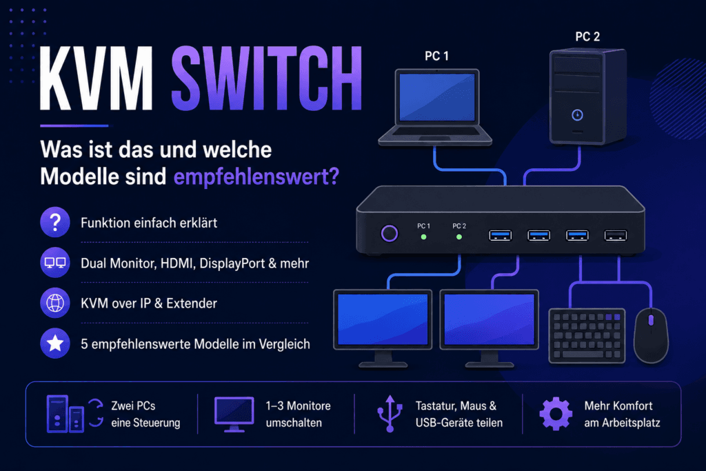 Illustration eines KVM Switches, der zwei Computer mit mehreren Monitoren, Tastatur, Maus und USB-Geräten verbindet