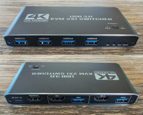 KVM Switch mit USB-3.0-Anschlüssen, HDMI-Eingängen und HDMI-Ausgang für zwei Computer