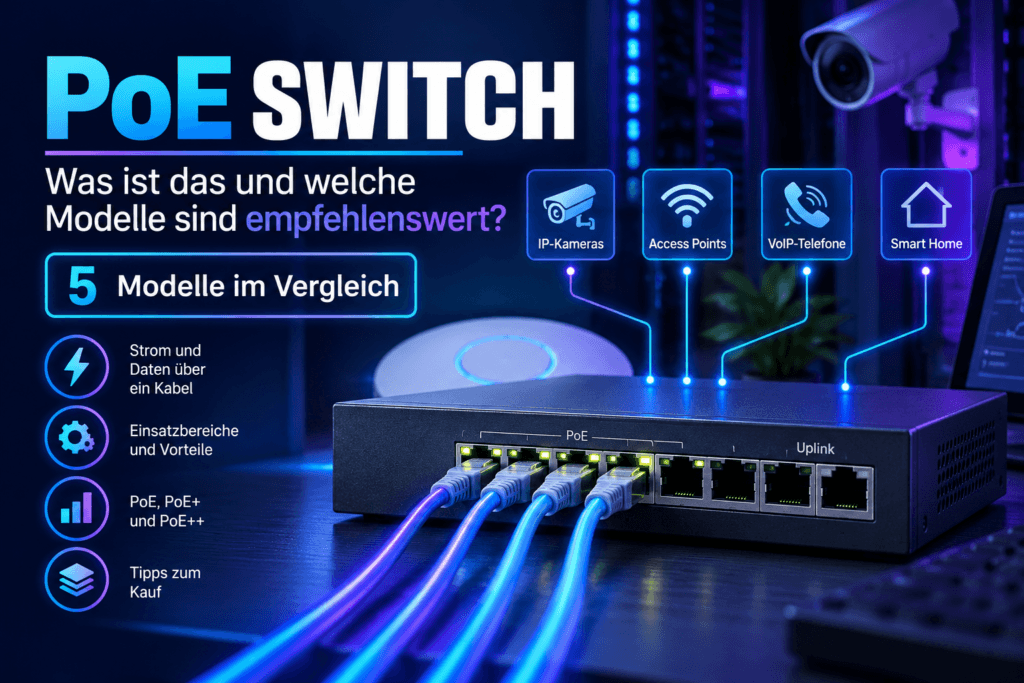Illustration eines PoE Switches mit angeschlossenen Netzwerkkabeln für IP-Kameras, Access Points, VoIP-Telefone und Smart Home