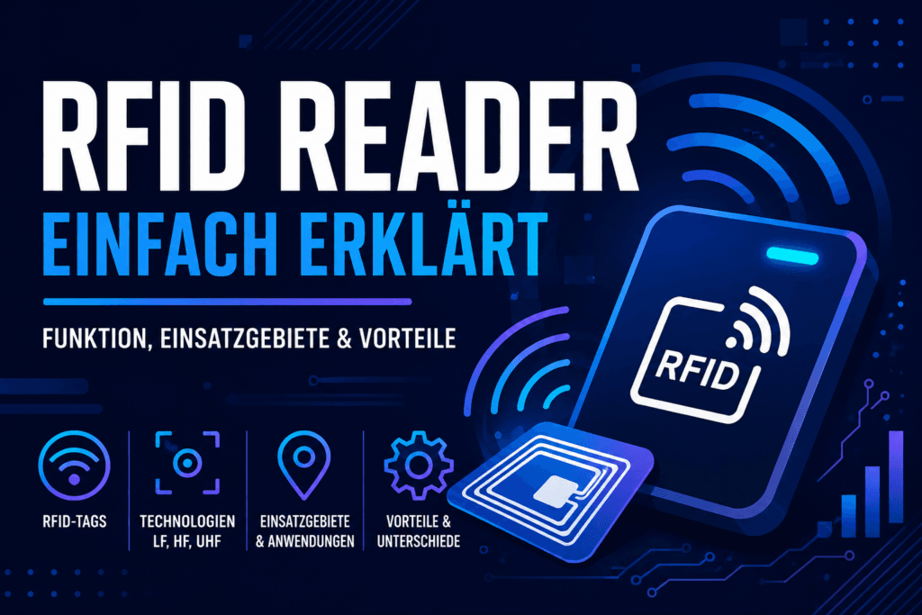 Illustration eines RFID Readers mit RFID-Tag und Funkwellen zur kontaktlosen Datenübertragung