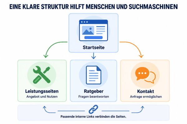 Schema einer Website mit Startseite, Leistungsseiten, Ratgeber und Kontaktbereich sowie passenden internen Verlinkungen.