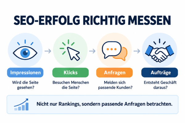 Infografik zur SEO-Erfolgsmessung mit Impressionen, Klicks, passenden Anfragen und Aufträgen.