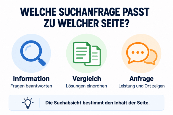 Infografik zur Suchintention: Informationssuche, Vergleich und konkrete Anfrage erfordern unterschiedliche Seiteninhalte.