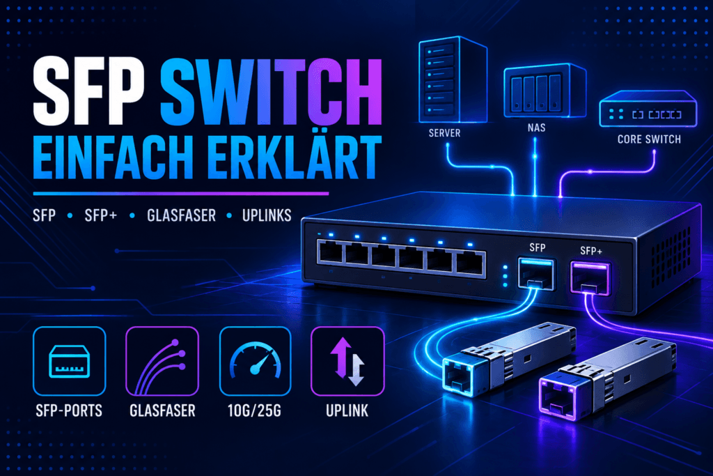 Illustration eines SFP Switches mit SFP- und SFP+-Ports, Glasfaserverbindungen sowie Anbindung an Server, NAS und Core Switch
